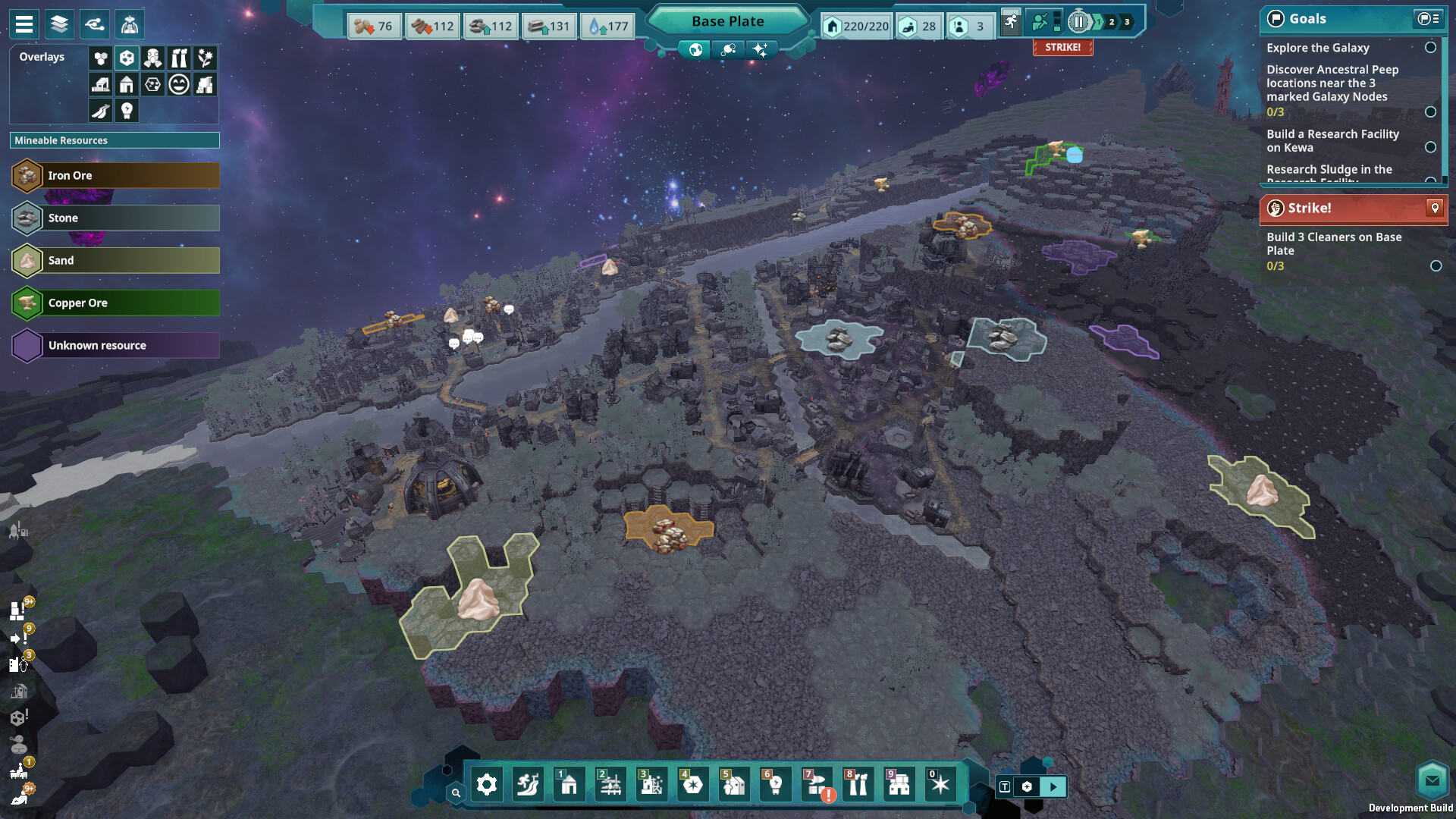 Steam screenshot of the Base Plate with a resource overlay and a strike notice