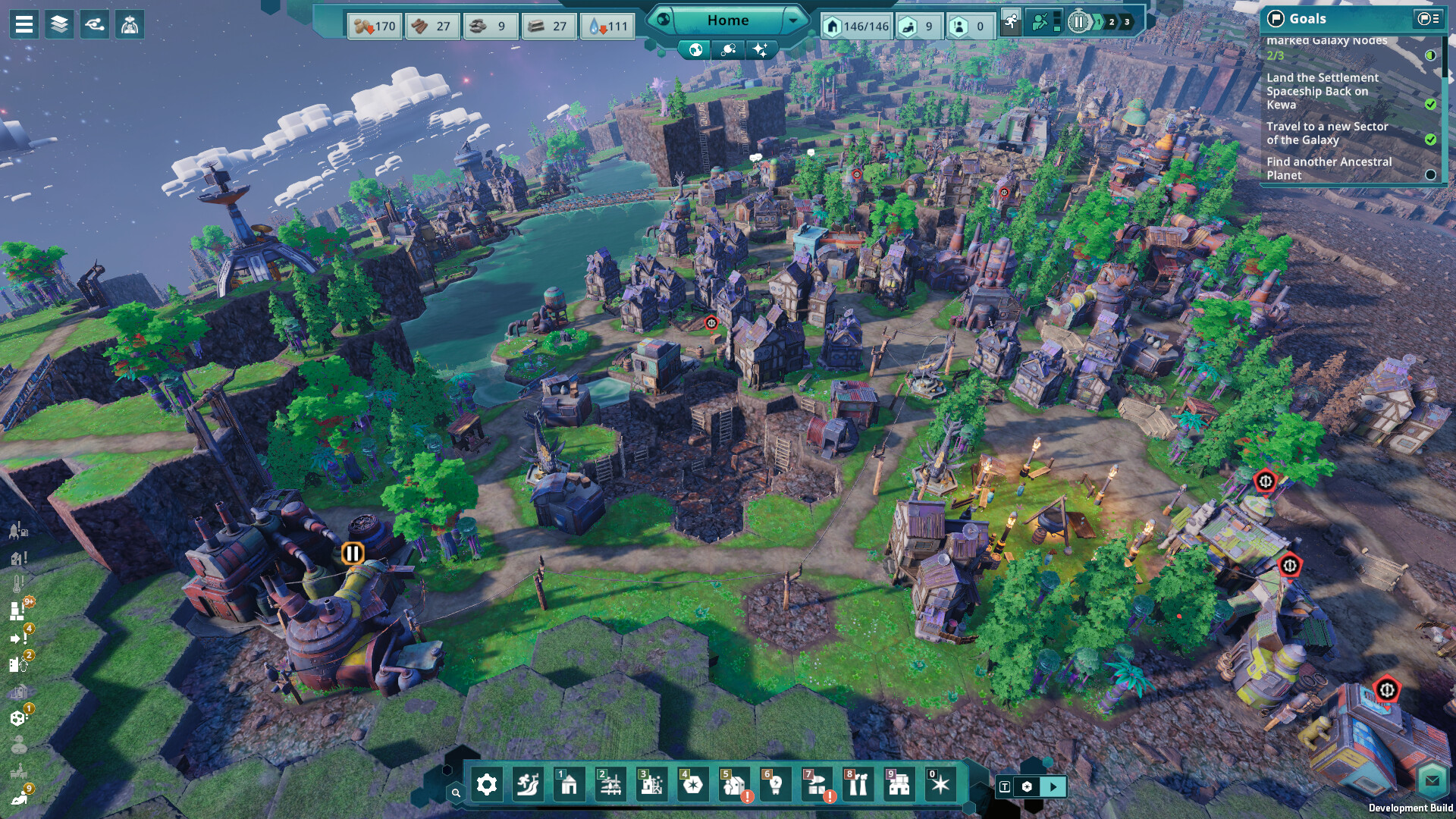 Steam screenshot of a Home settlement with roads, trees, water, and clustered buildings